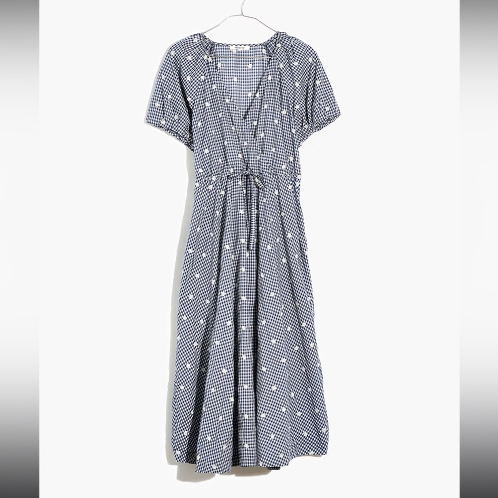 Embroidered Gingham Faux-Wrap Tie-Waist Midi Dress